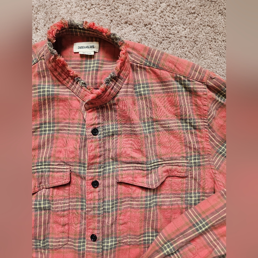 Zadig and Voltaire Plaid Tunic Style Button Down Red Faded Plaid Unisex L - Picture 3 of 6